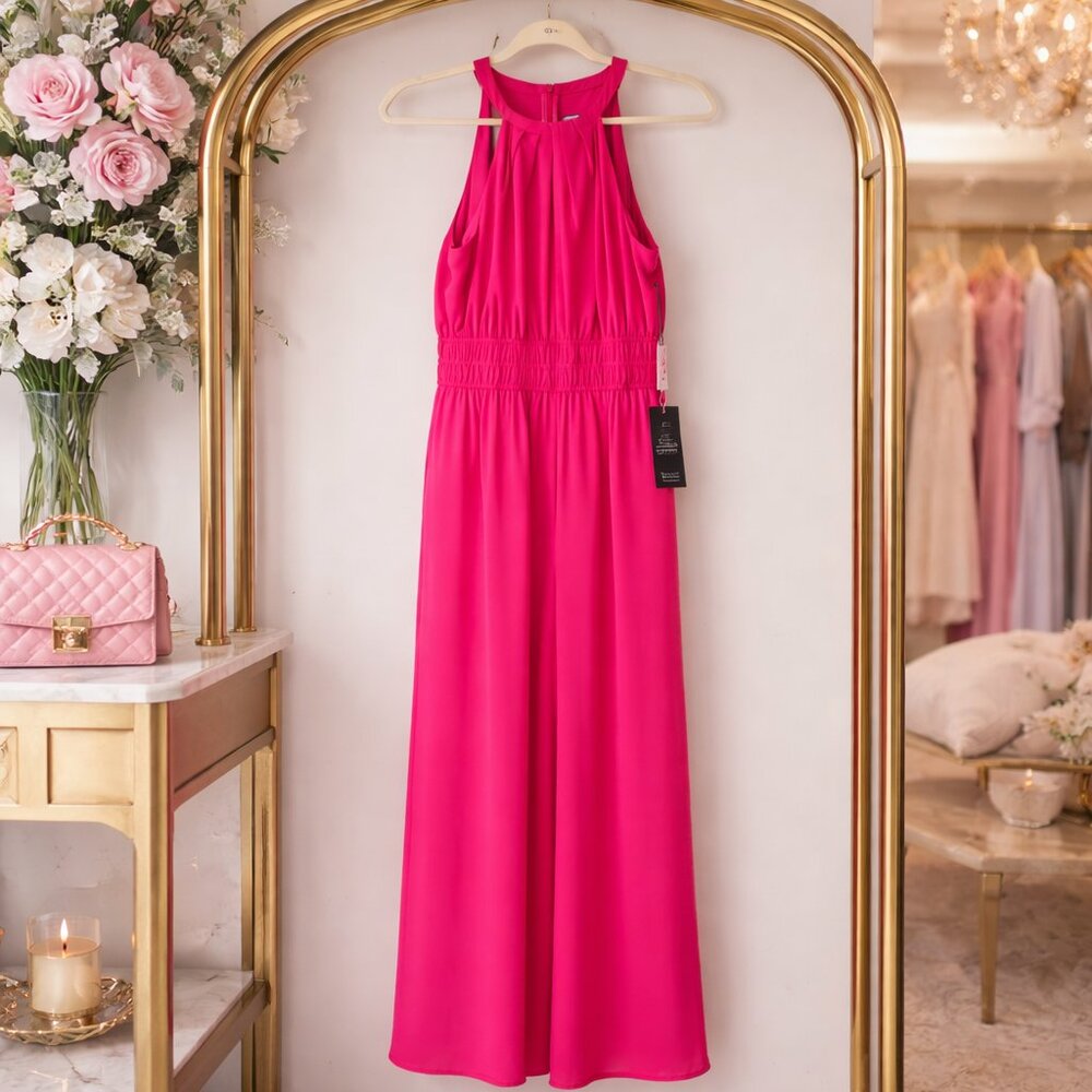 Dynamic Vince Camuto Elegant Modern Pink Halter Neck Wide Leg Jumpsuit NWT - Picture 9 of 13